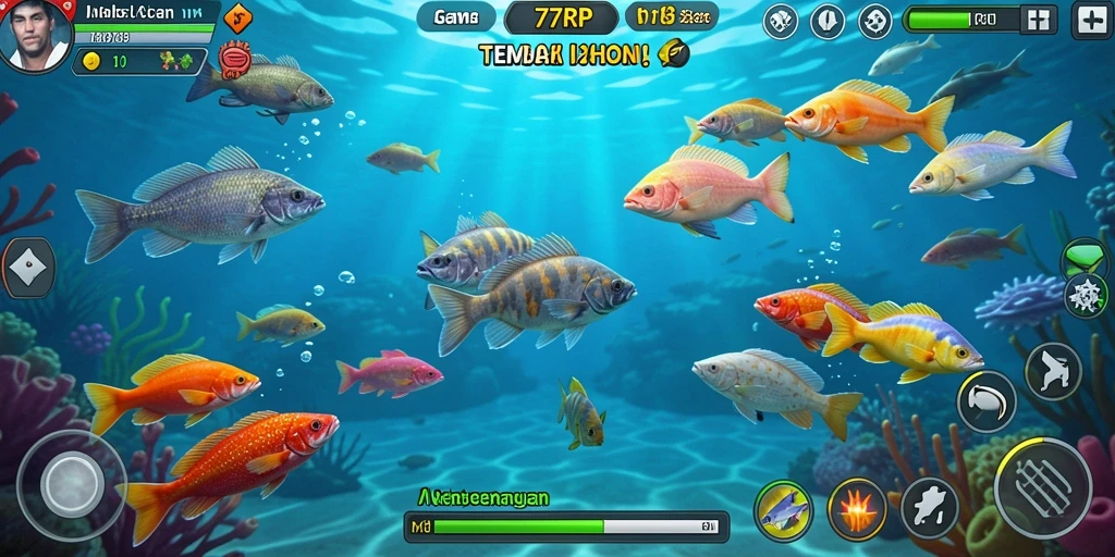 Tampilan utama gameplay Tembak Ikan 77RP yang menarik dan seru.