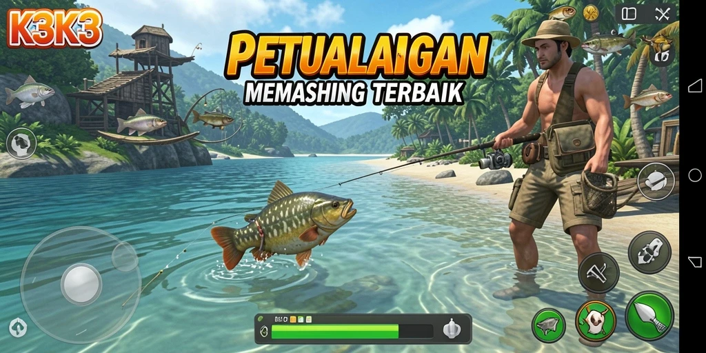 Screenshot K3K3 menampilkan aksi memancing yang menegangkan di lokasi tropis.