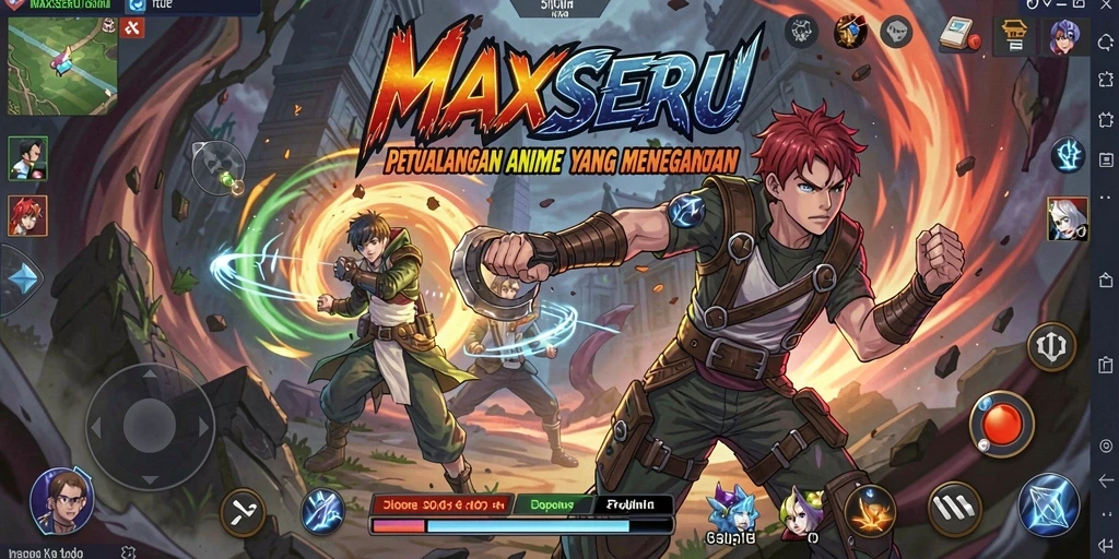 Screenshot gameplay MAXSERU dengan karakter anime yang dinamis.
